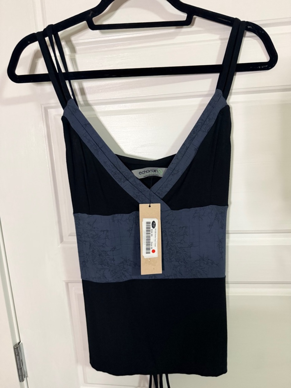 NWT bamboo Echaron Black Tank Top with Slate Blue Band. V kneck and tie